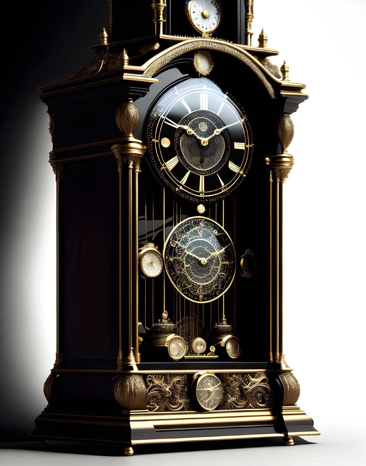 Intricate Gold-Detailed Antique Grandfather Clock on Dark Gradient Background