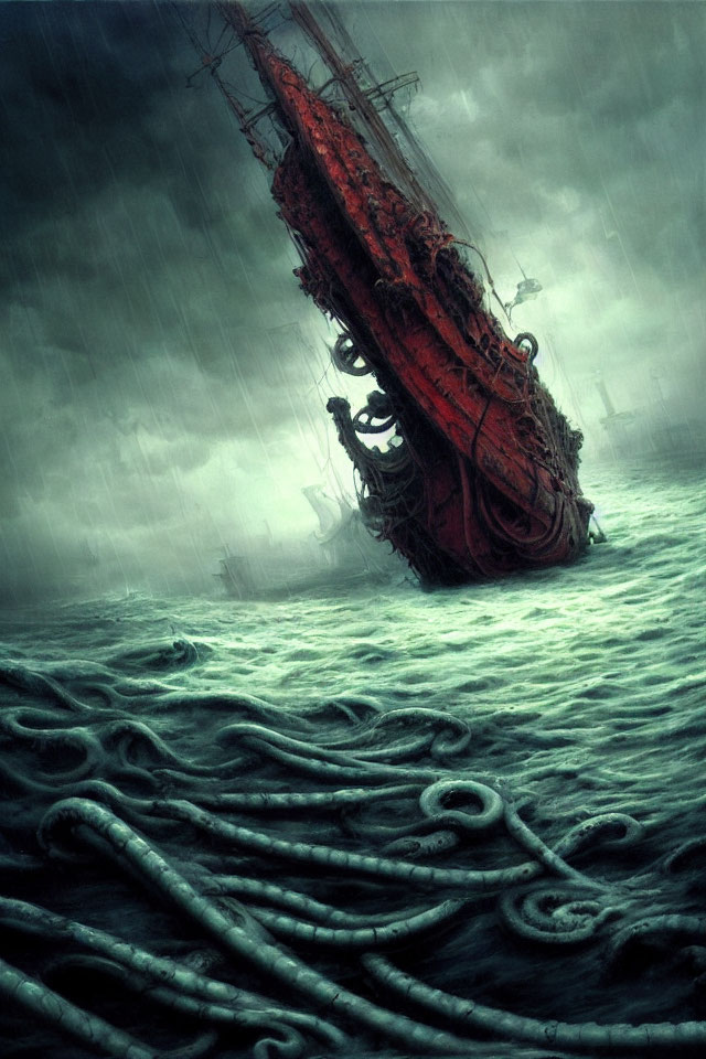 Ghostly Red Ship Entangled in Dark Sea Tentacles Amid Stormy Sky