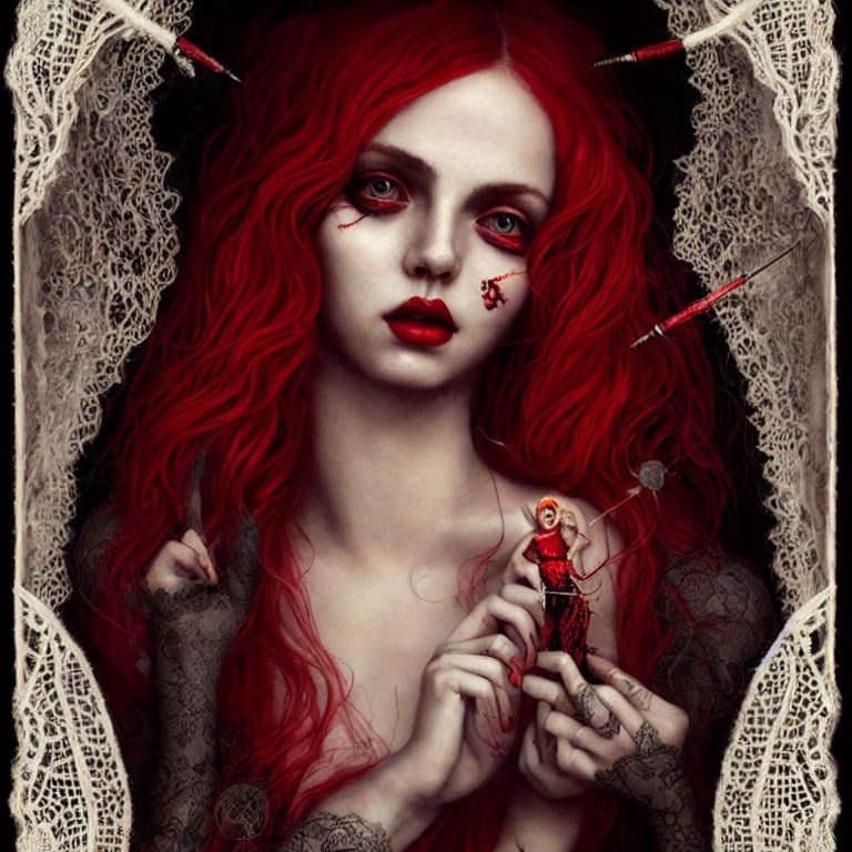 Gothic-inspired portrait of pale woman with red hair and surreal elements