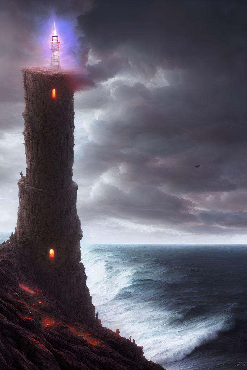 Cliff with lighthouse, stormy sea, illuminated windows & flying bird