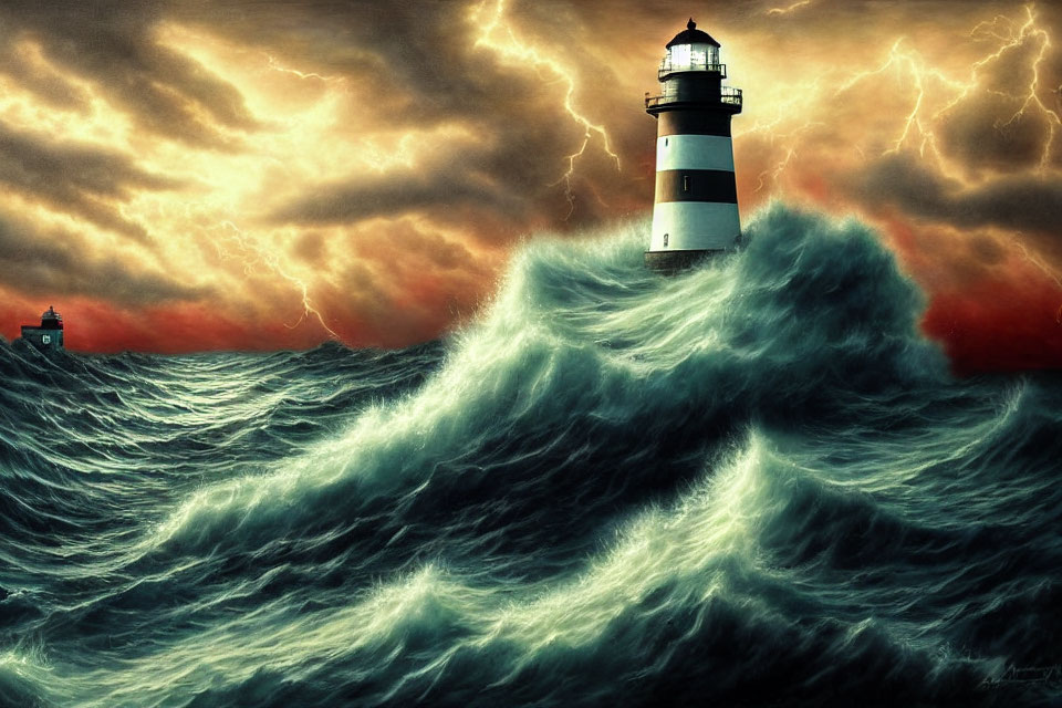 Stormy sky lighthouse in turbulent sea waves