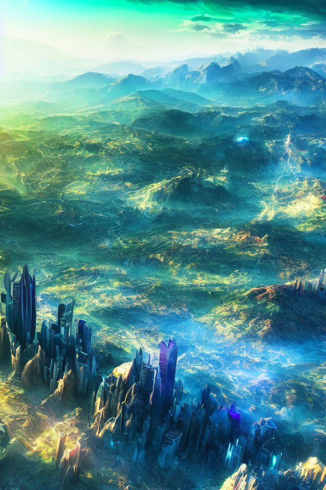 Colorful alien landscape with crystal formations, neon rivers, and golden sky