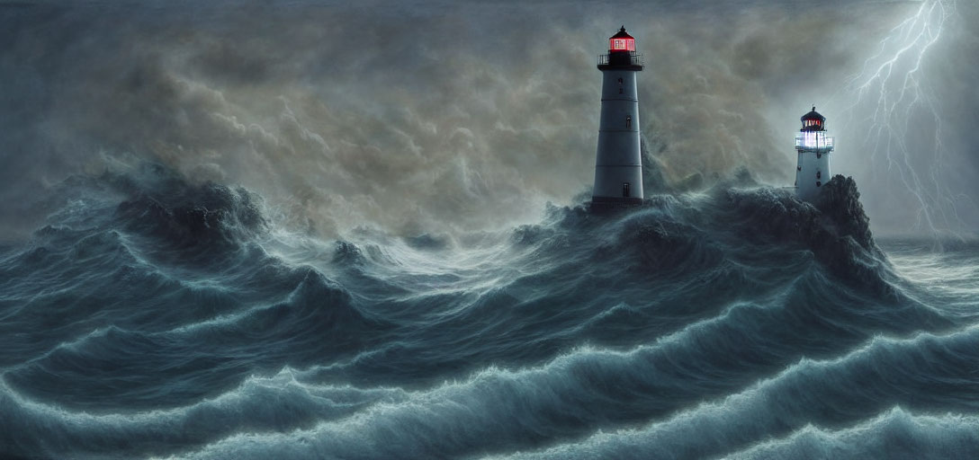 Stormy sea with towering waves and lightning around lighthouse