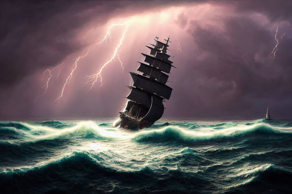 Tall ship sailing in stormy seas with lightning strikes