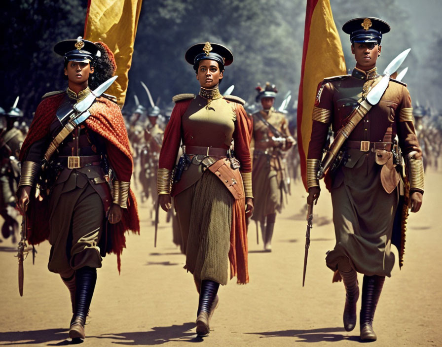 Three individuals in ornate military uniforms with swords marching confidently alongside flag-bearers in a dusty open