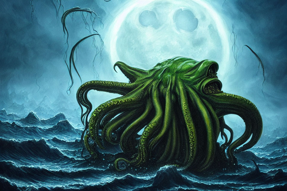 Large Green Octopus Emerges from Turbulent Ocean Under Full Moon