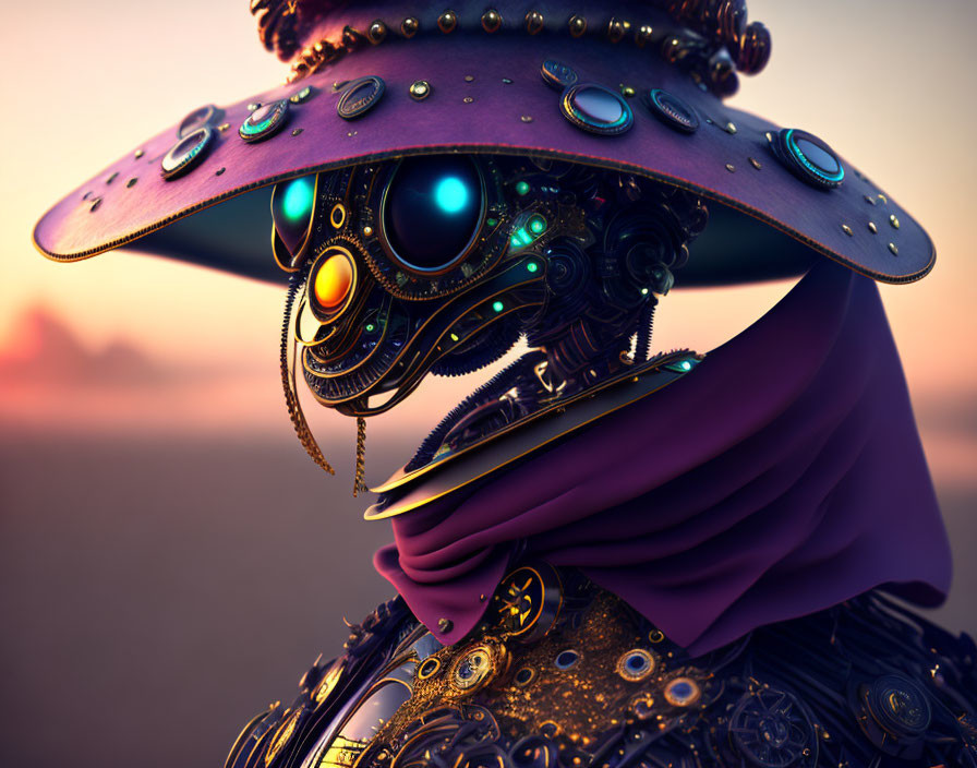 Detailed Steampunk-Inspired Robotic Figure in Dusk Sky