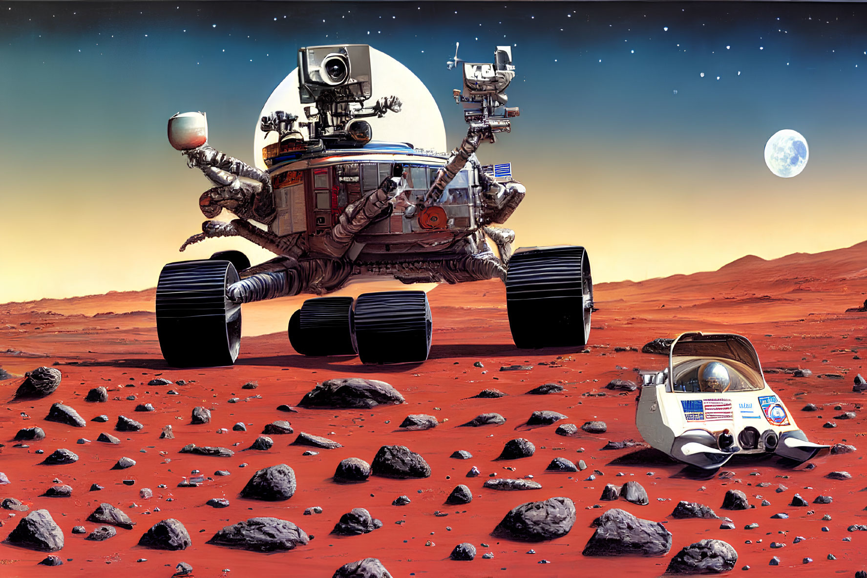 Futuristic Mars rover with robotic arms explores rocky terrain under red sky