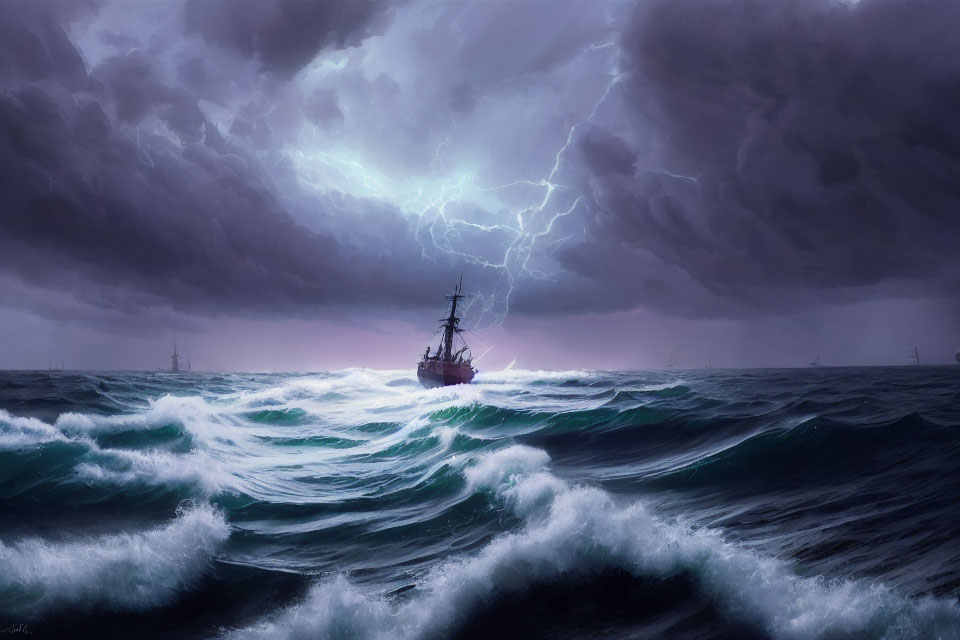 Ship sailing through stormy seas with lightning and dark clouds