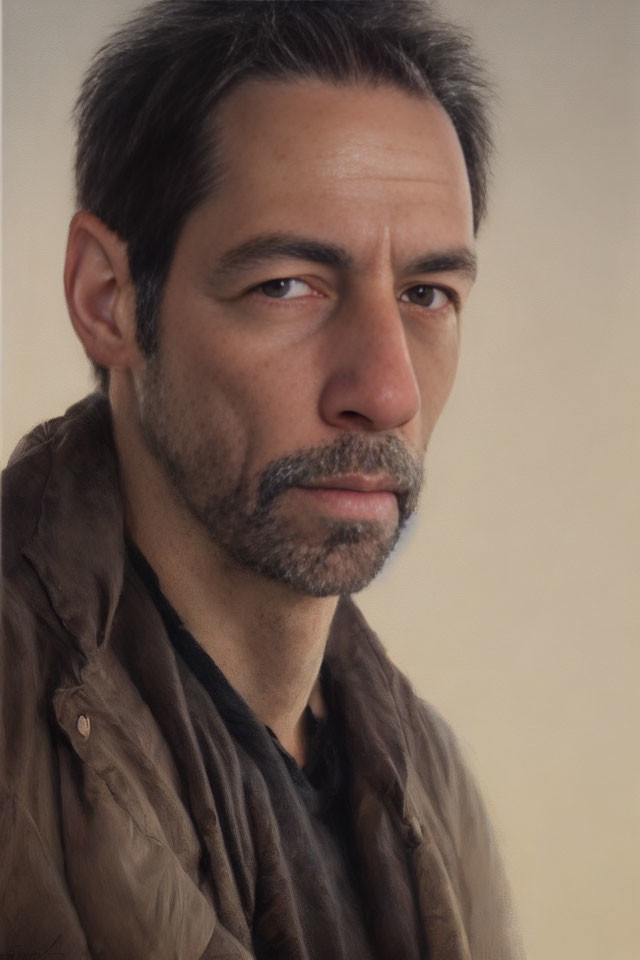 Thoughtful man with stubble in brown jacket and scarf