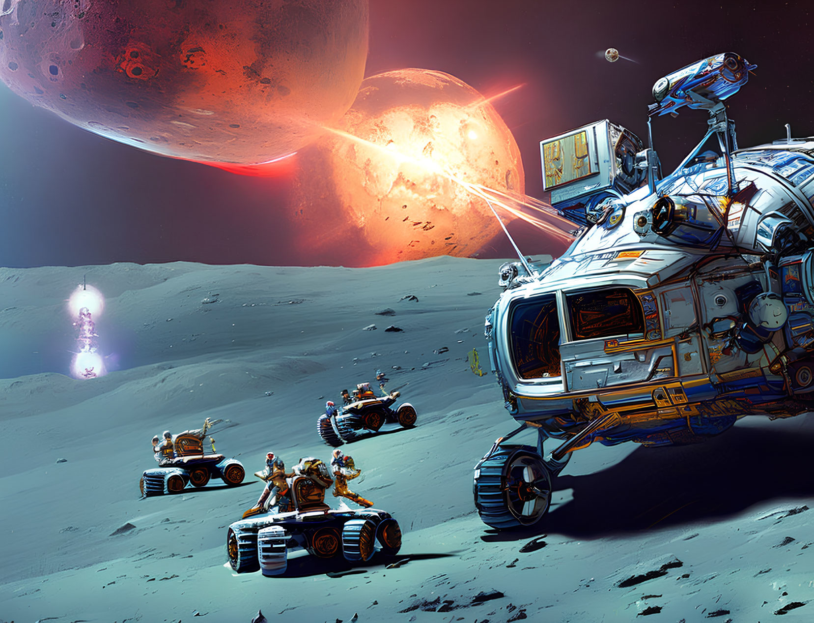 Futuristic lunar rover with astronauts exploring moon and planet backdrop.