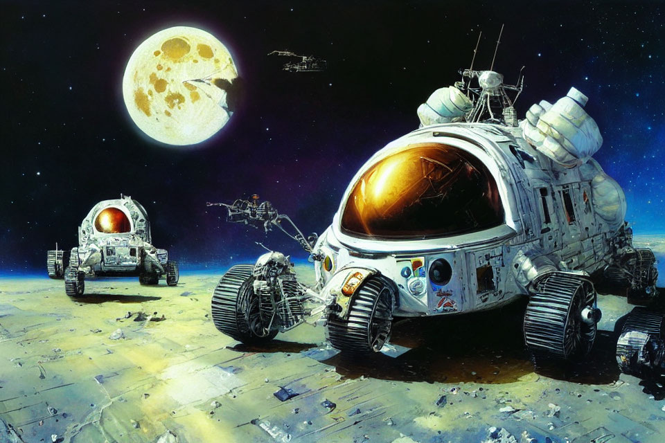 Astronauts exploring lunar landscape with rovers near lander under starry sky.