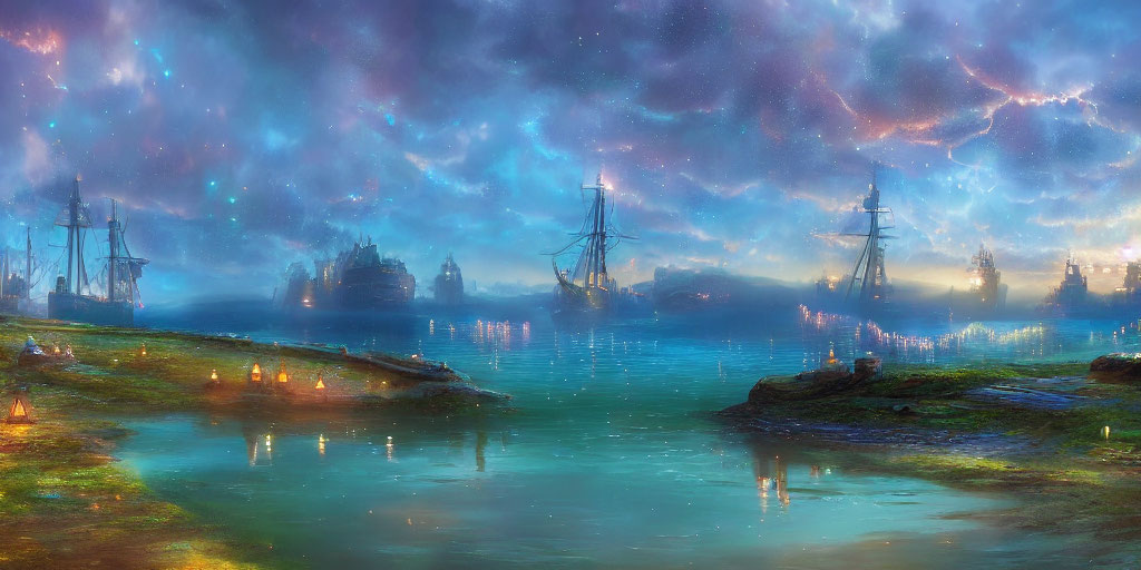 Mystical harbor scene with sailing ships under vibrant starry sky