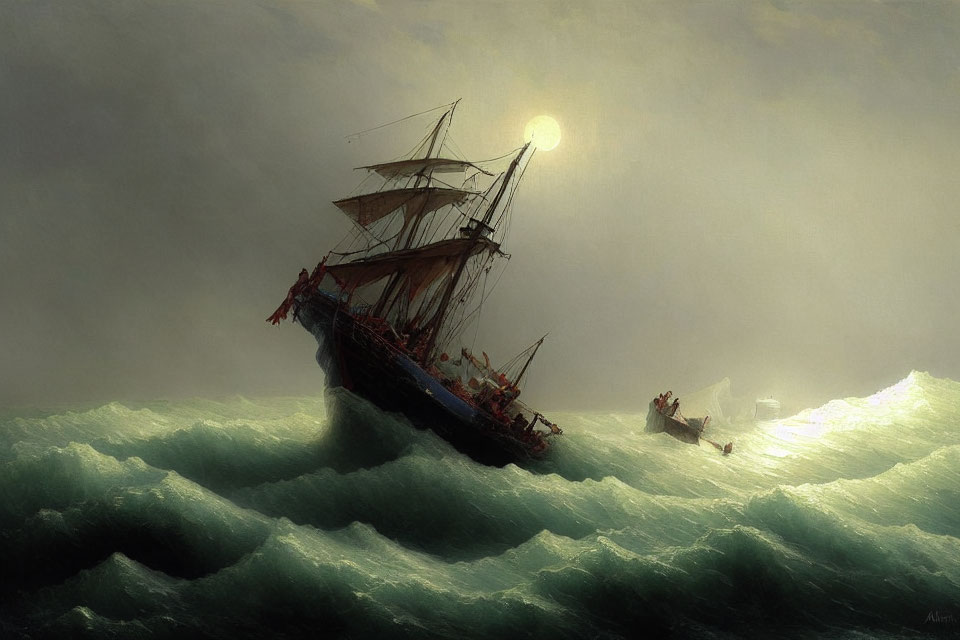 Vintage sailing ship in stormy seas with sun rays and small boat.