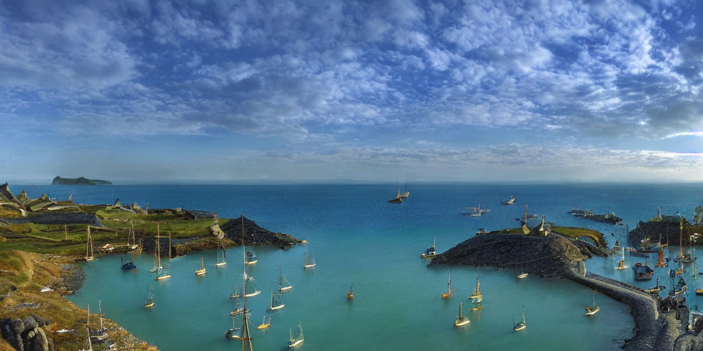 Tranquil Harbor with Anchored Boats and Rocky Shores