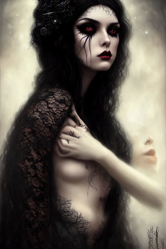 Pale Woman with Dark Hair and Red Eyes in Gothic Style Portrait