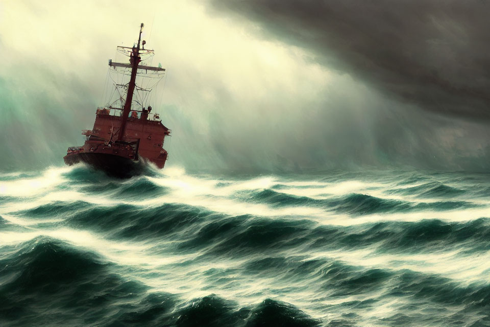 Ship battles stormy sea waves under greenish-grey sky