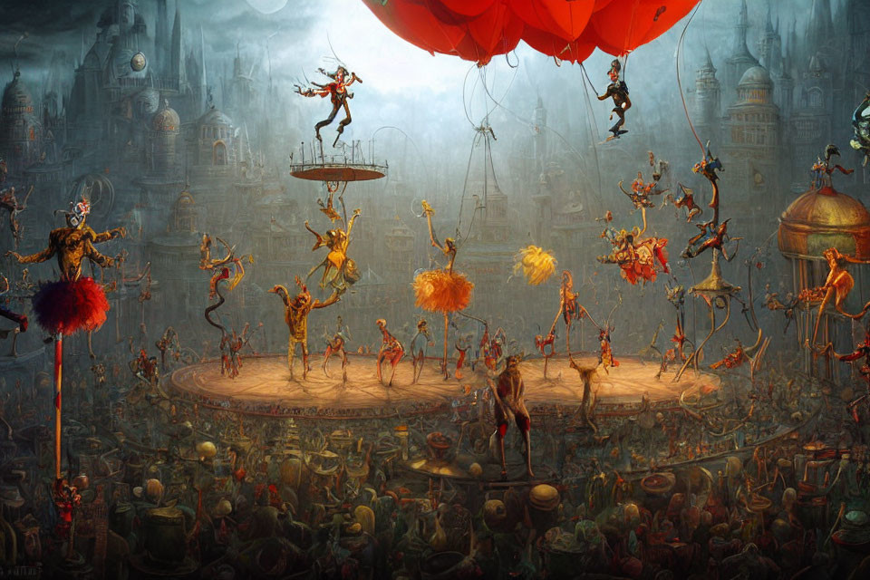 Fantastical circus scene with surreal creatures, vibrant audience, and ornate architecture