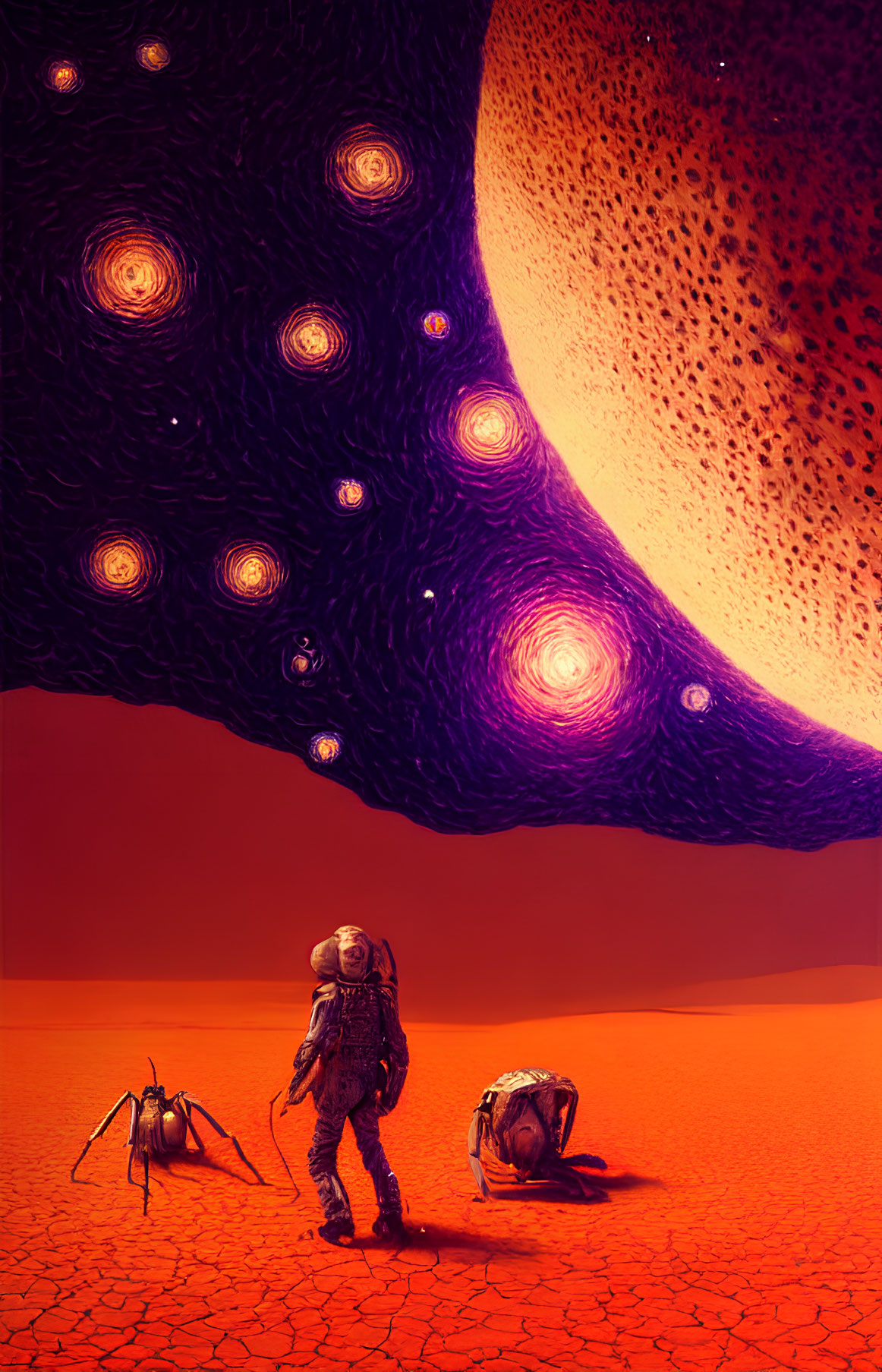 Astronaut on cracked orange alien landscape with massive tentacled organism