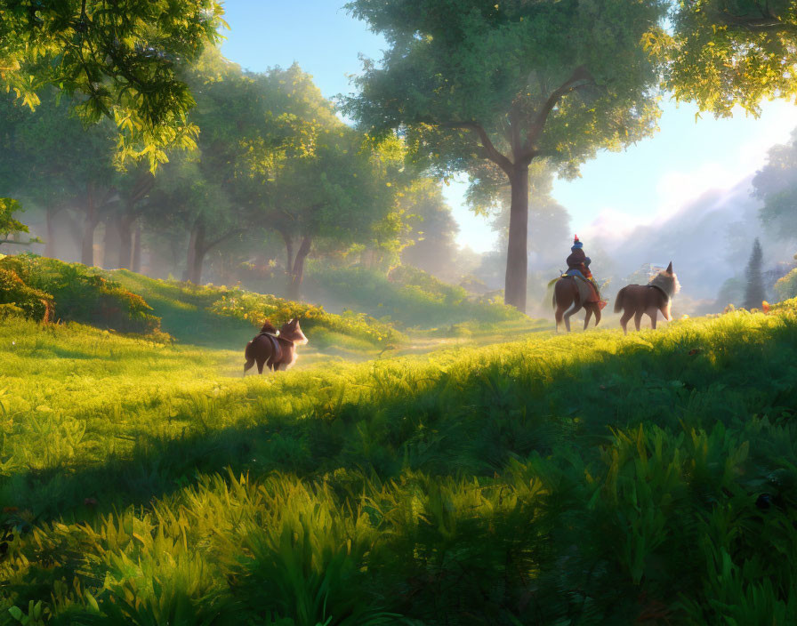 Tranquil landscape with rider and horses in lush greenery