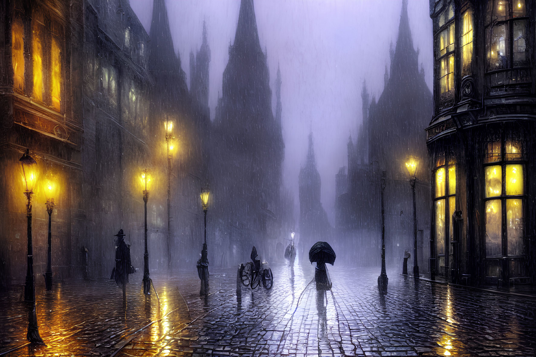 Rainy Night Street Scene with People Walking Under Umbrellas