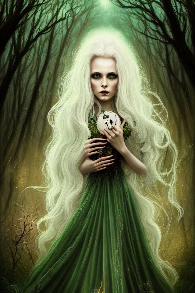 Mystical woman with long white hair holding a skull in a gloomy forest