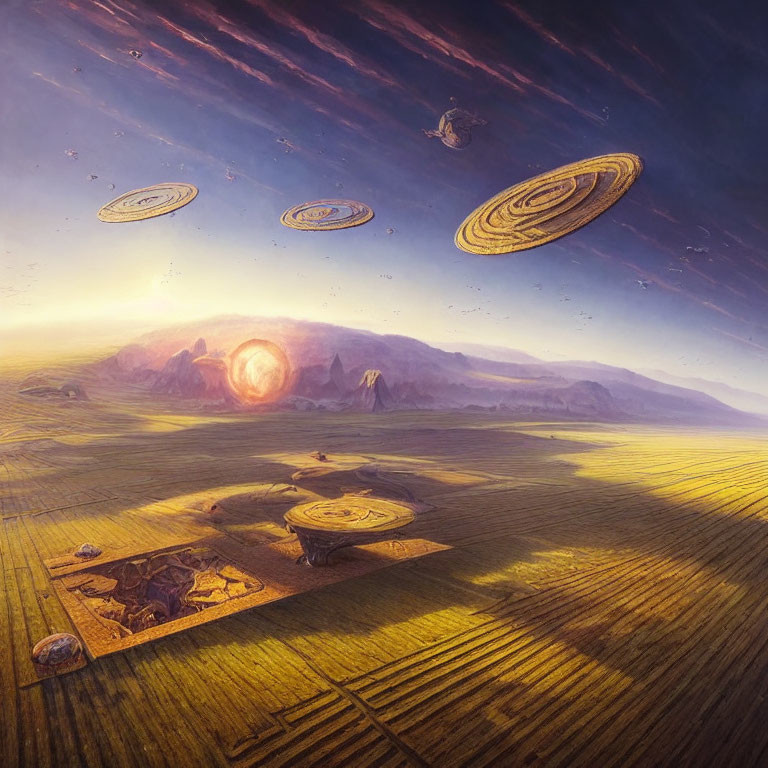 Sci-fi landscape with crop circles, UFOs, and golden field at sunset