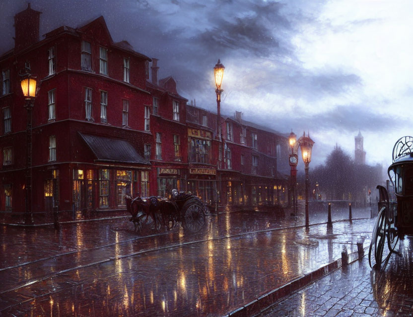 Historical ambiance: Horse-drawn carriage on rain-soaked street at dusk