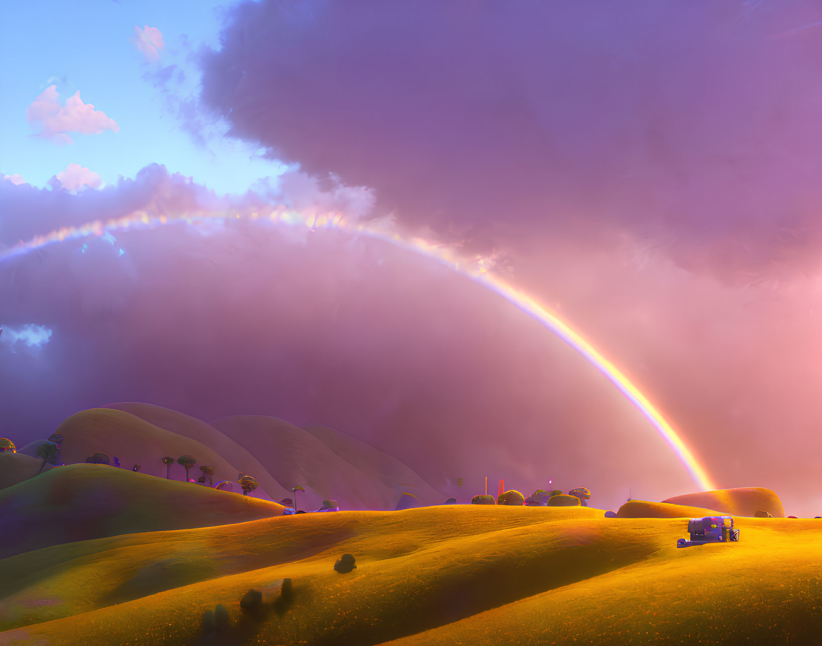 Colorful rainbow over green hills at sunset with parked van