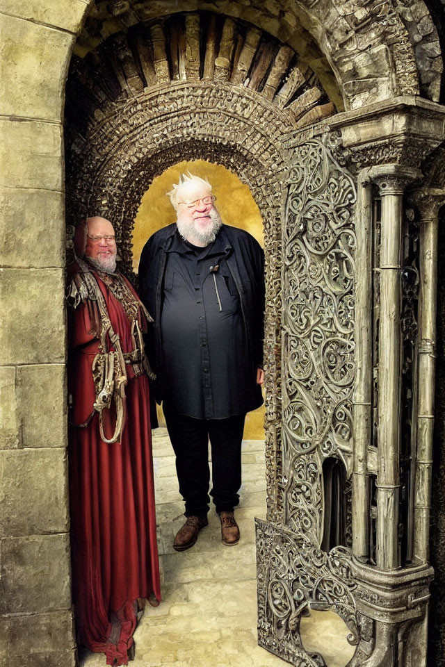 Men in medieval and modern attire near ornate stone archway