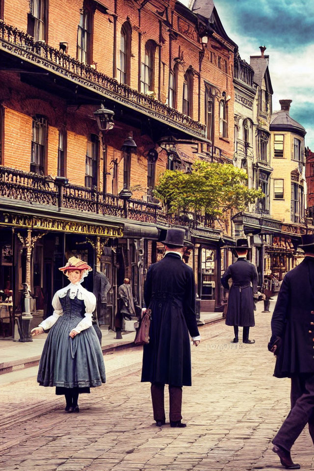 Vintage Street Scene with People in Period Clothing