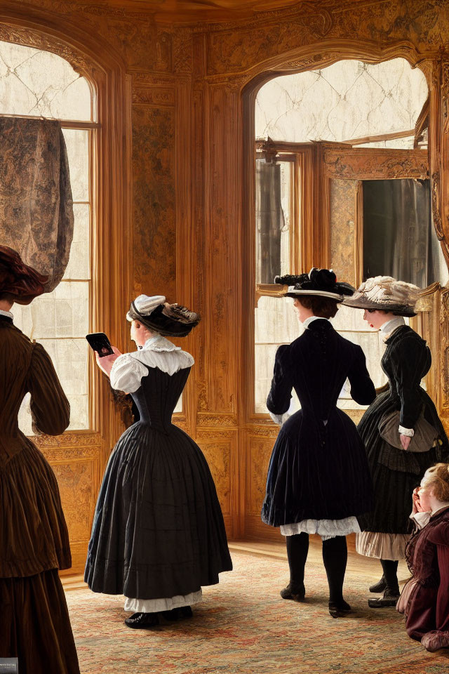 Victorian women in ornate room with mirror and window observer