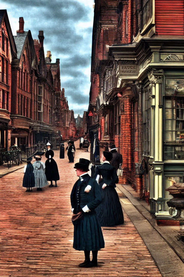 Victorian-era street scene with period clothing, cobblestone pavement, and historical architecture.