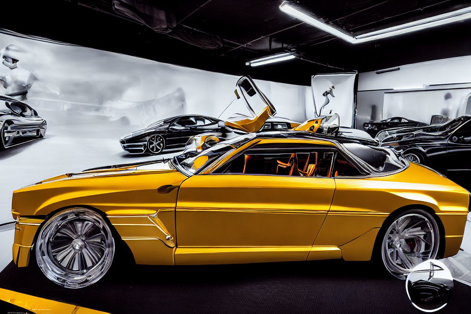 Golden sports car with gull-wing doors in gallery setting.