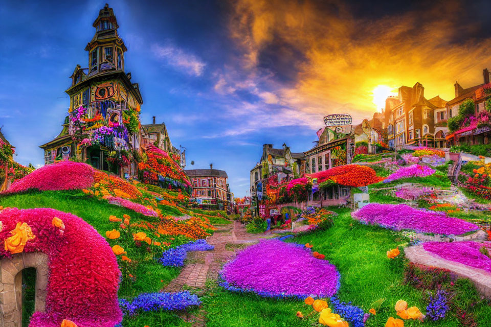 Baroque-style tower in vibrant town scene at sunset