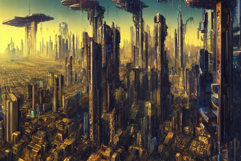 Futuristic cityscape with towering skyscrapers and floating platforms