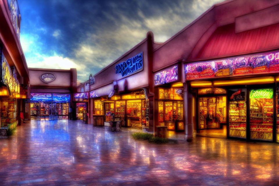 Dramatic dusk scene of vibrant outdoor shopping mall