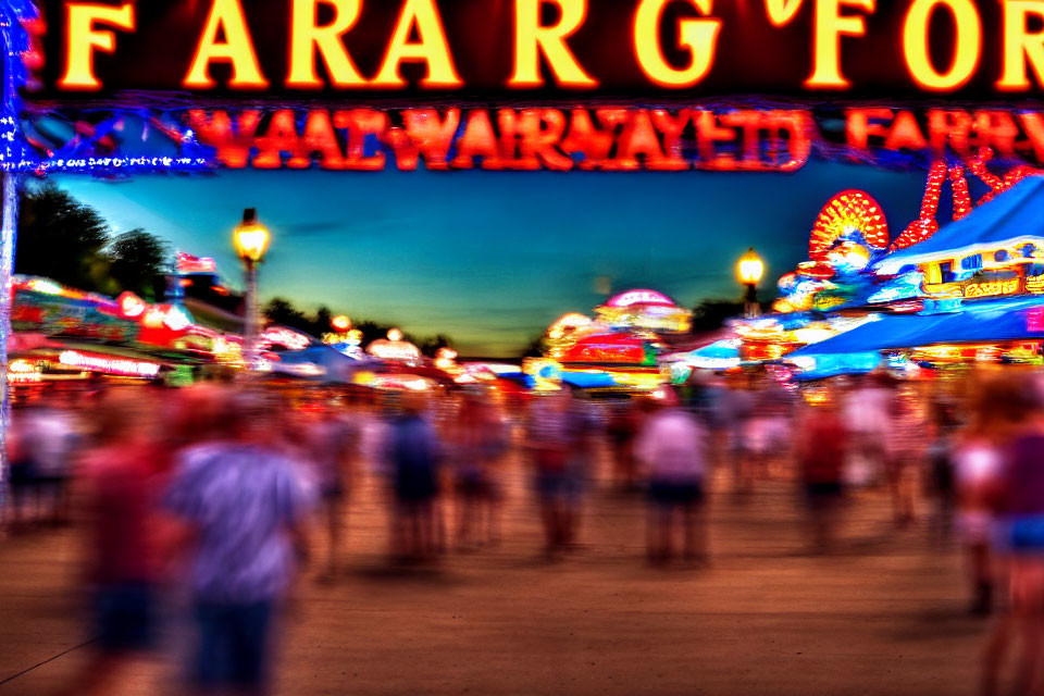 Colorful fairground scene at dusk with neon lights and moving rides