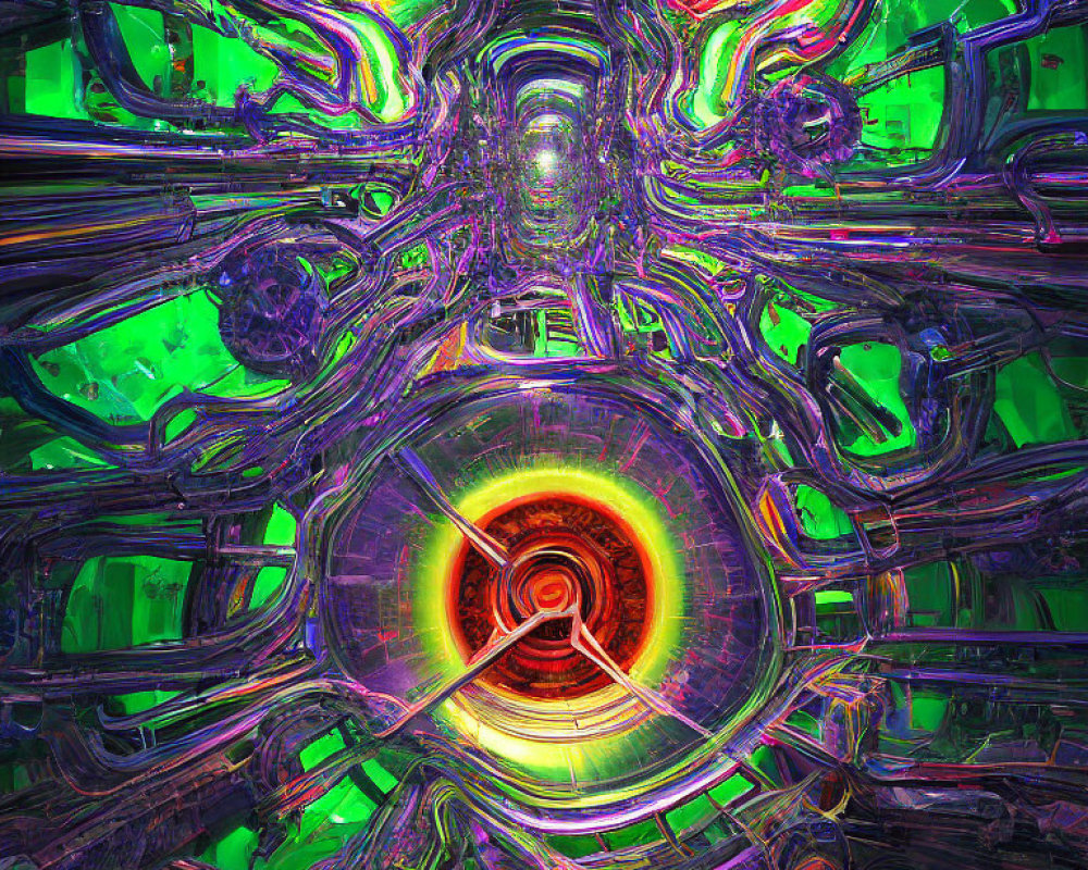 Colorful digital artwork: Red-orange vortex with metallic green and purple structures