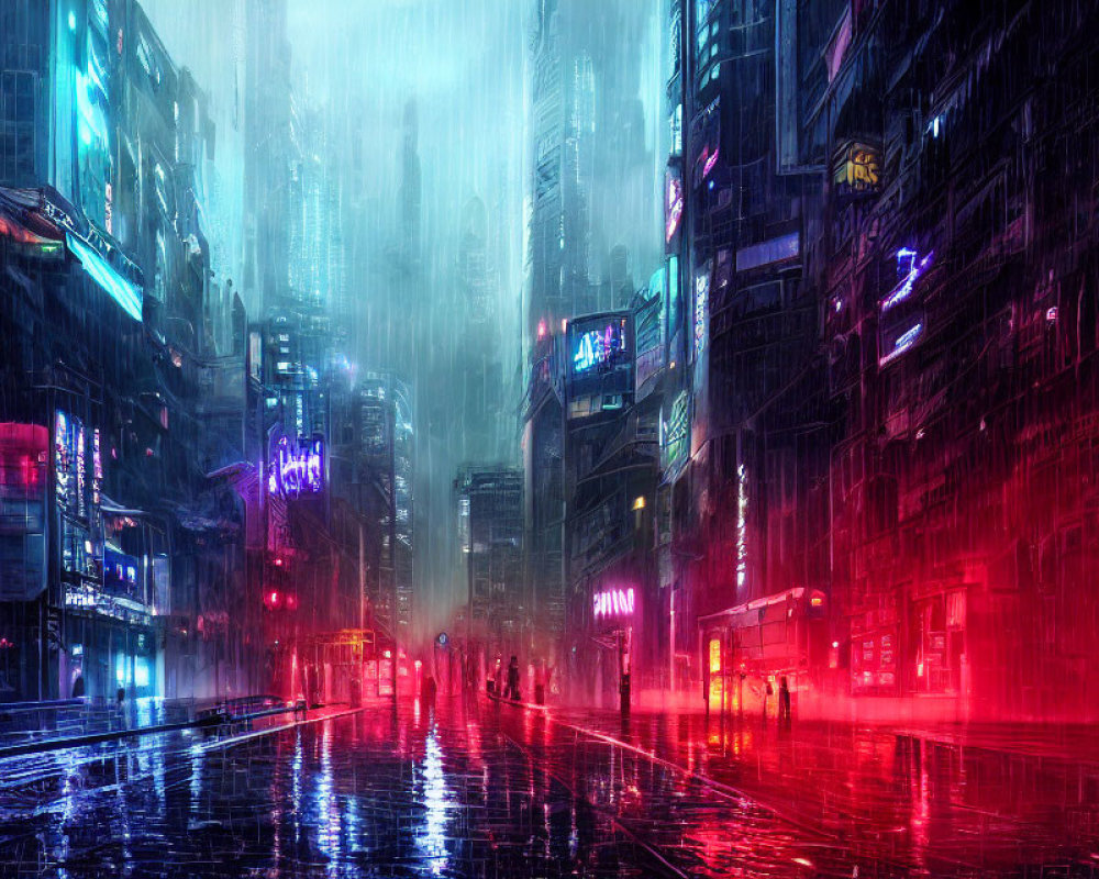 Futuristic neon-lit cityscape in rain with reflections