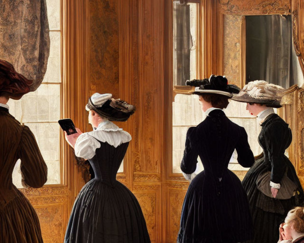 Victorian women in ornate room with mirror and window observer