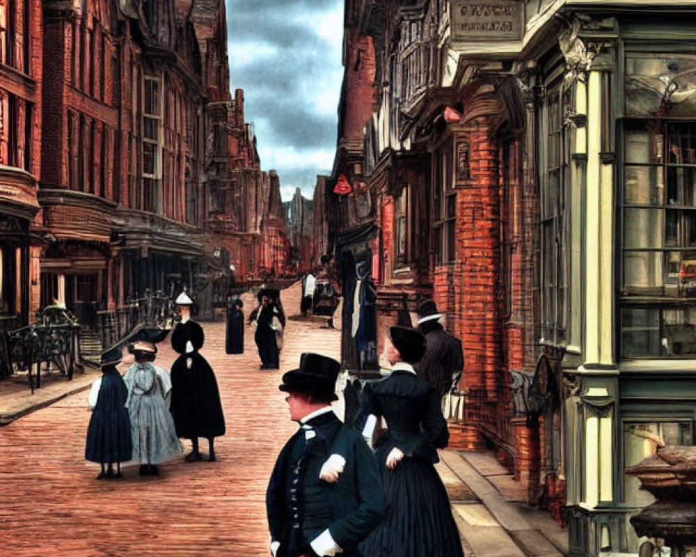 Victorian-era street scene with period clothing, cobblestone pavement, and historical architecture.