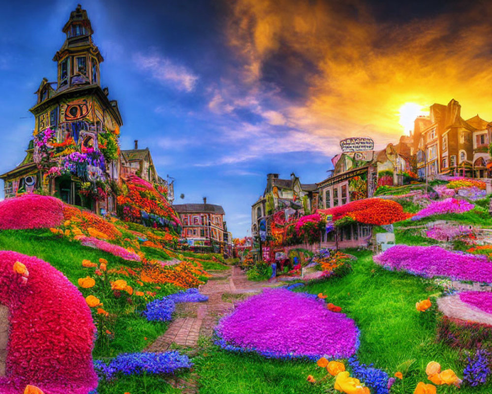 Baroque-style tower in vibrant town scene at sunset