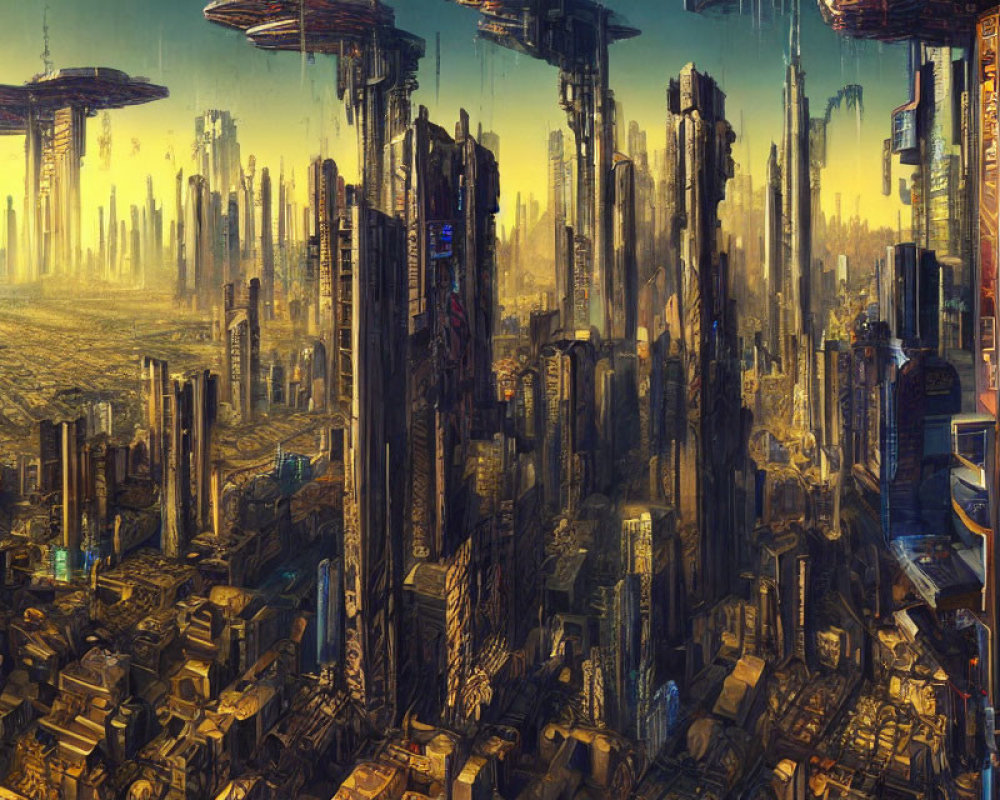 Futuristic cityscape with towering skyscrapers and floating platforms