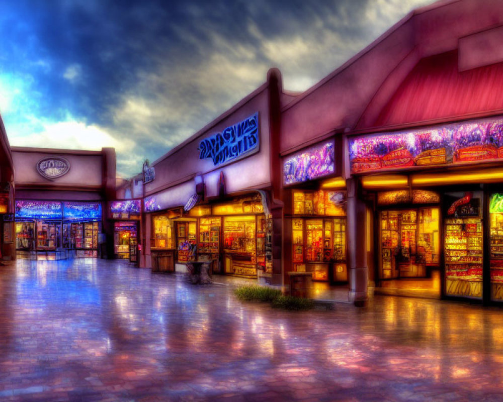 Dramatic dusk scene of vibrant outdoor shopping mall