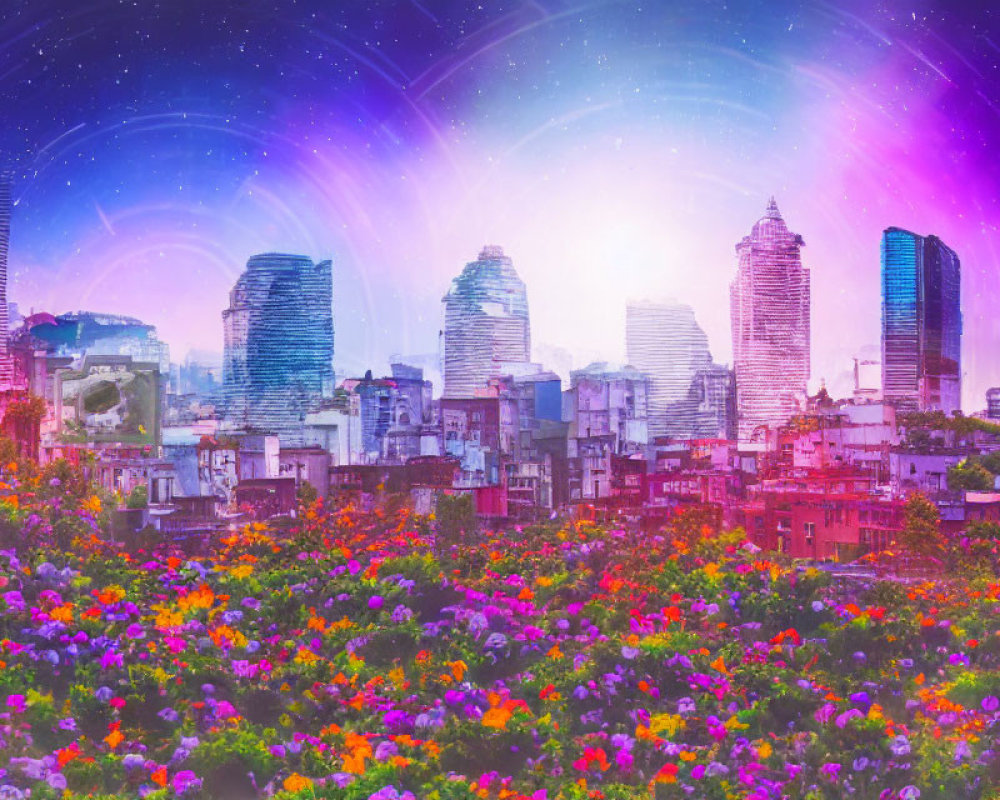 Colorful cityscape with skyscrapers and starry sky over vibrant flower field