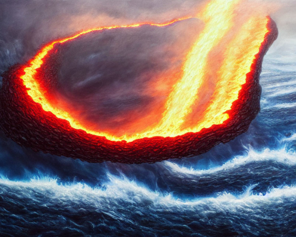 Volcanic eruption: molten lava meets ocean, creating steam and fiery glow