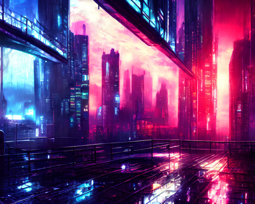 Futuristic cityscape with neon lights and skyscrapers at dusk