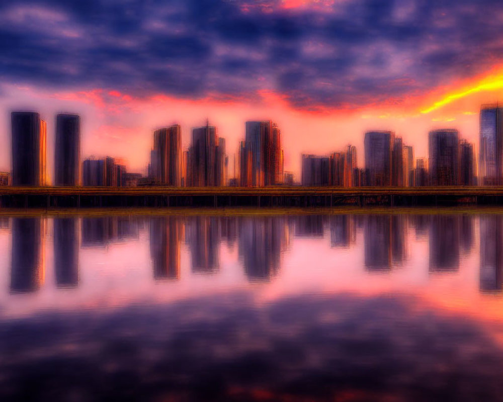 Fiery sunset reflecting on water with city silhouette