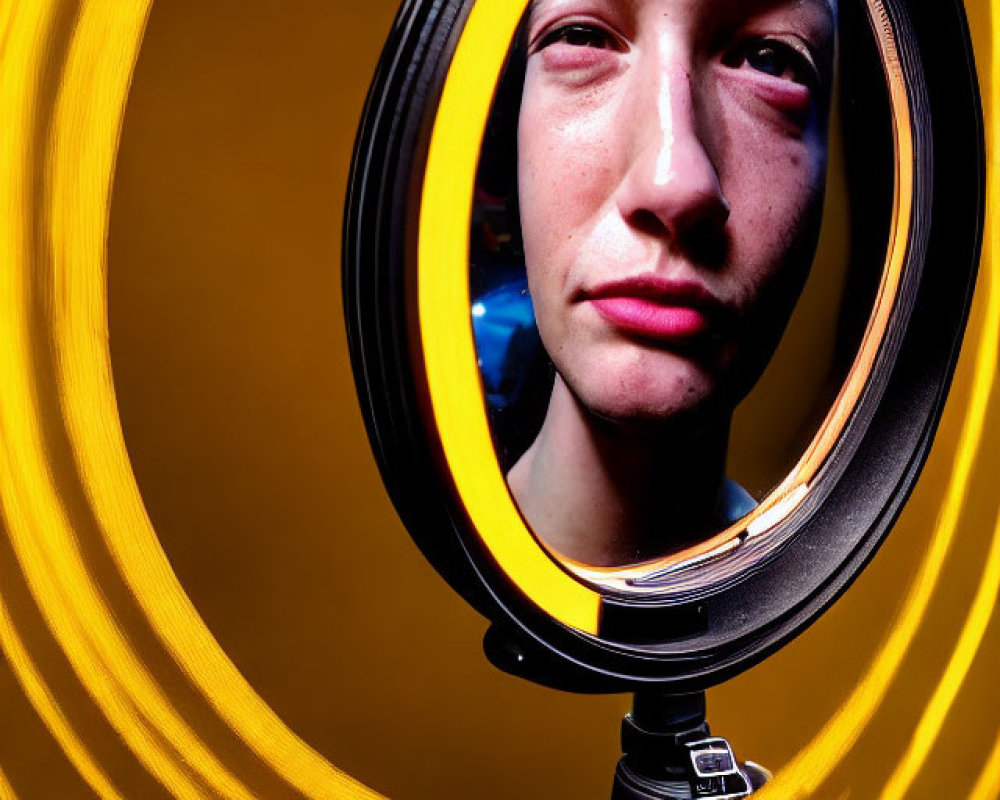 Circular Ring Light Portrait with Swirl Effect and Warm Yellow Tones